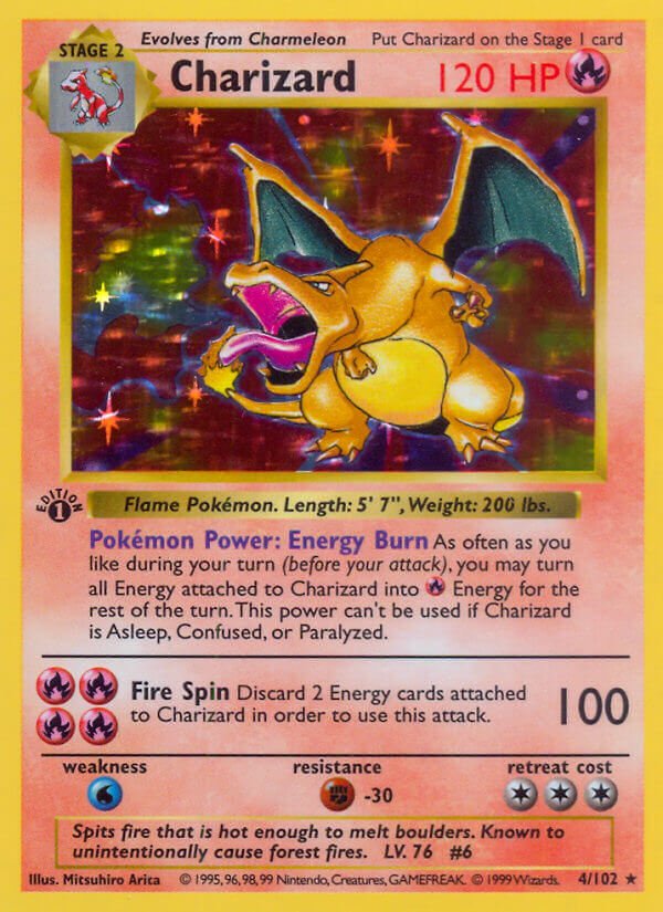 Charizard del Base Set de Pokemon TCG, ilustrado por Mitsuhiro Arita en 1996