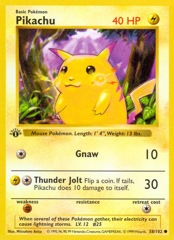 Pikachu del Base Set de Pokemon TCG, ilustrado por Mitsuhiro Arita en 1996