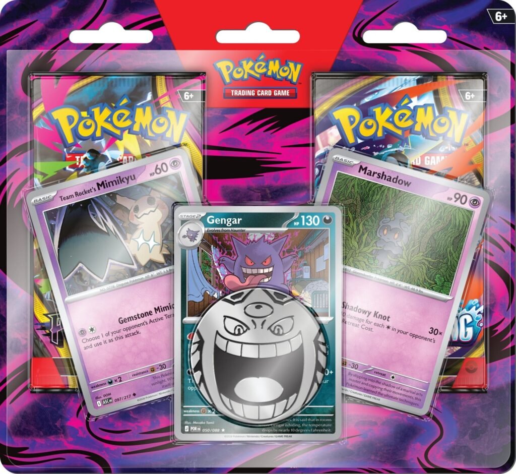 Enhanced 2-Pack Blister de Pokemon TCG con Gengar, con la moneda de Mega Gengar y los dos sobres de cartas